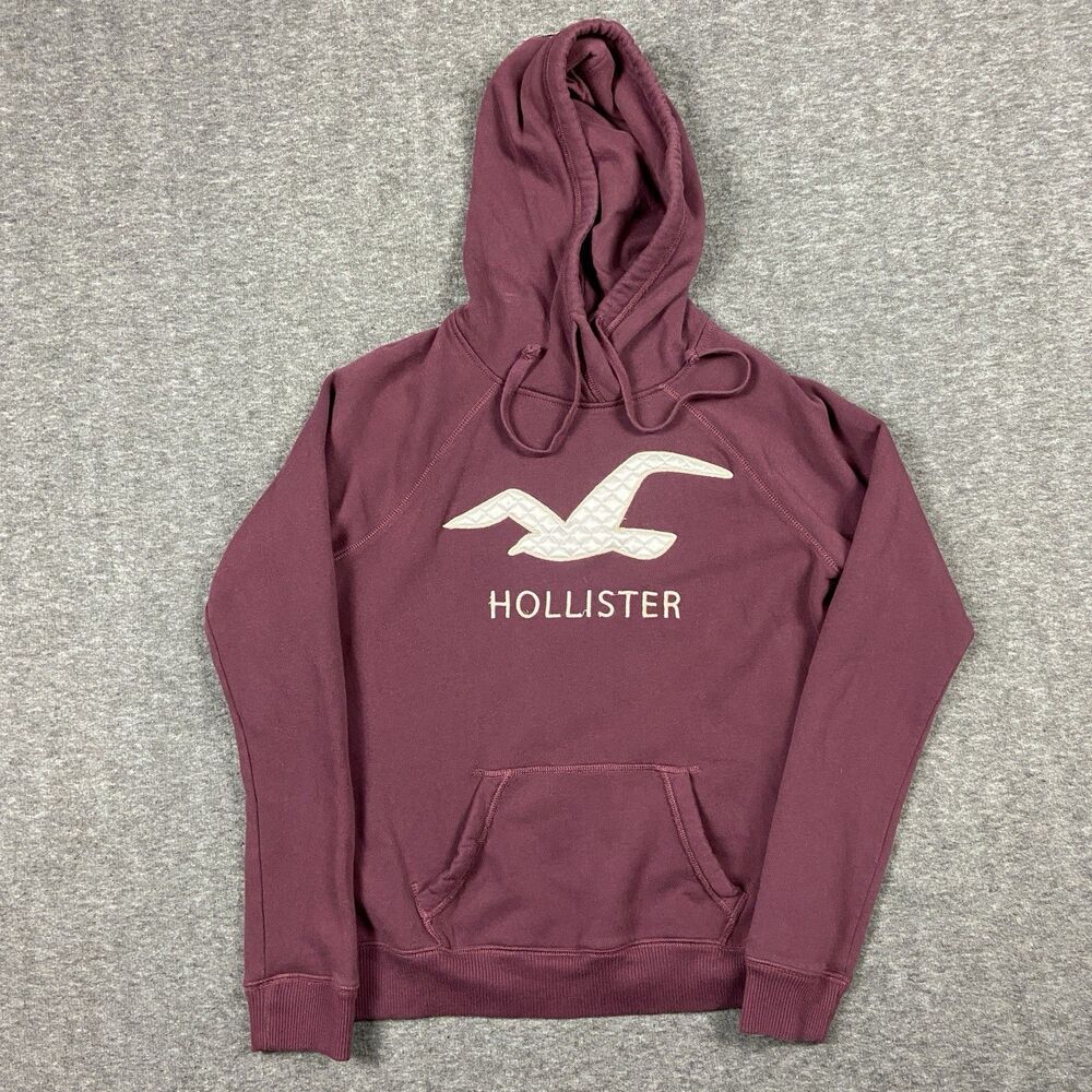 Hollister Hoodie Women’s M Burgundy Quilted Seagull Logo Pullover Hoodie